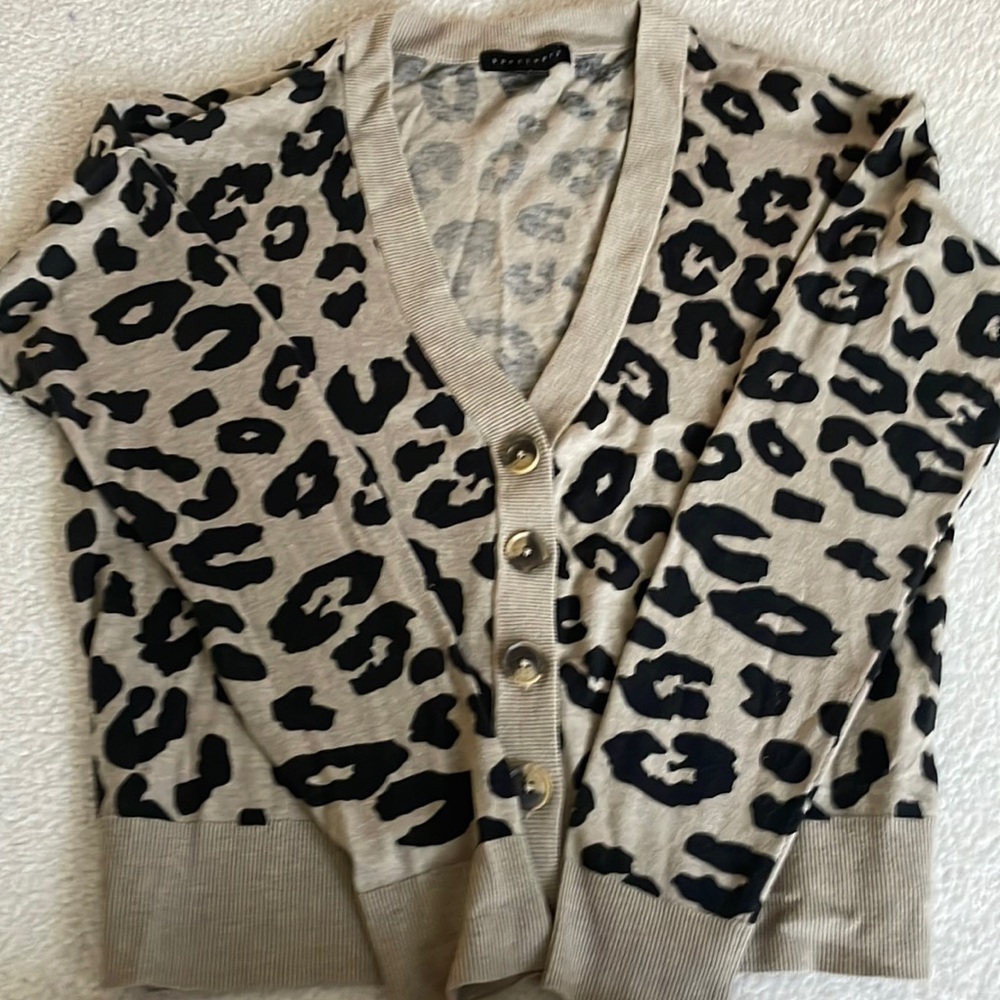 Lightweight Animal print black and tan cardigan with button closure